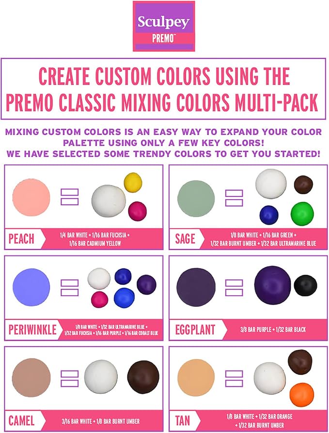 Sculpey Premo Multipack - 12 Shades Classic Mixing Colors 1oz Clay Bars | Non-toxic polymer clay sampler for jewelry making, caning, and mixed media. Soft, durable oven-bake clay in 12 colors
