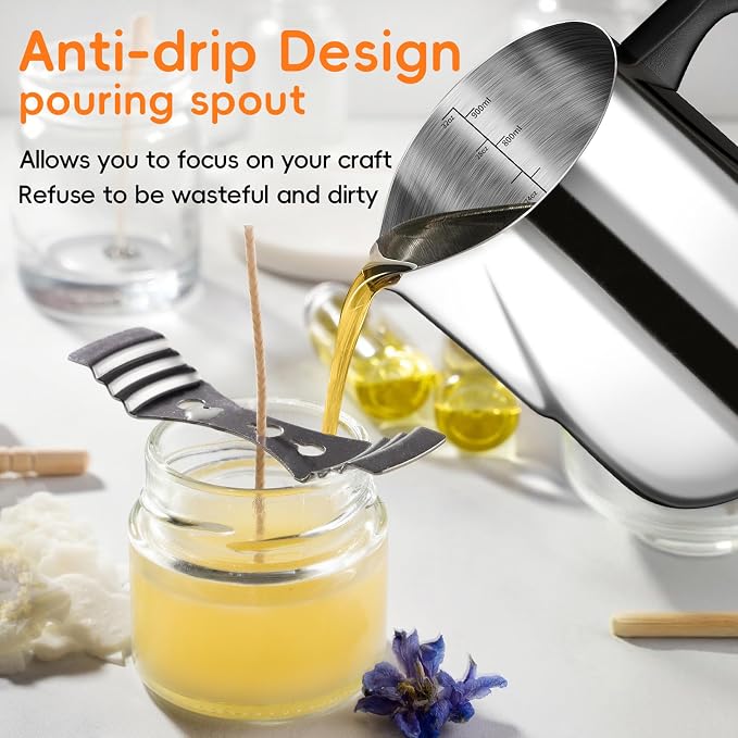 Candle Making Pouring Pot, 32oz Stainless Steel Wax Melting Pot | Double Boiler Candle Making Pitcher, Wax Pouring Pot with Heat-Resistant Handle and Dripless Pouring Spout Design