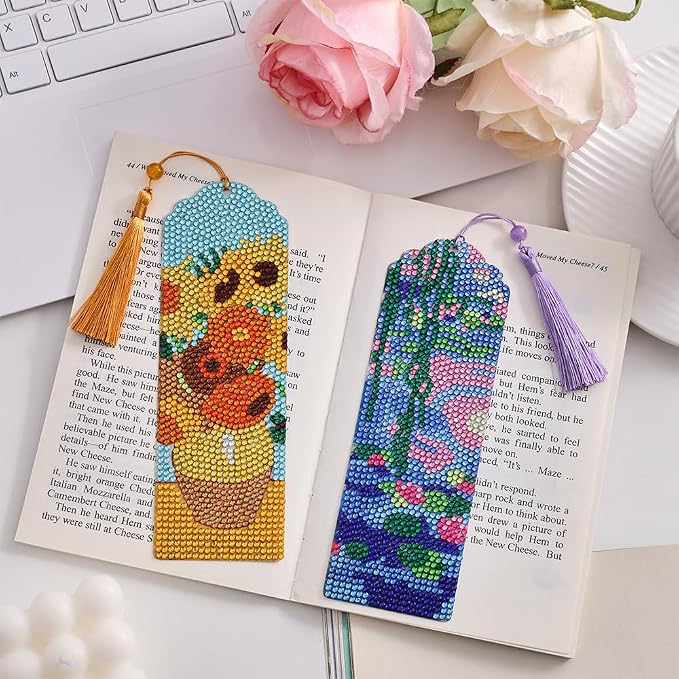 icceemee 4 pcs Oil Painting Themes Diamond Painting Bookmarks, DIY Diamond Art Kits for Adults, Book Corner - Protecting Bookmark Craft Supplies Kits for Book Lovers