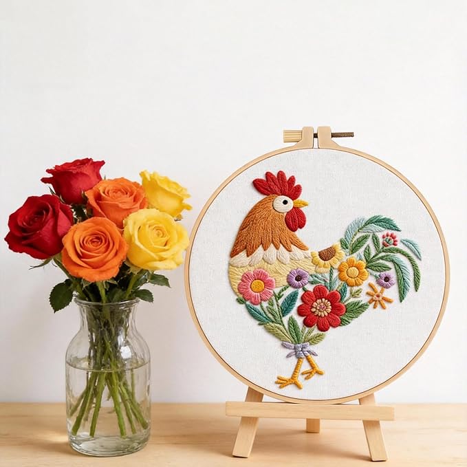 Herdiese Embroidery Kit for Beginners & Adults, Rooster Flower Cross Stitch | Stamped Cross Stitch Kit Including Fabric, Hoop, Threads, Needles & Instructions, Complete DIY Hand Sewing Craft Set
