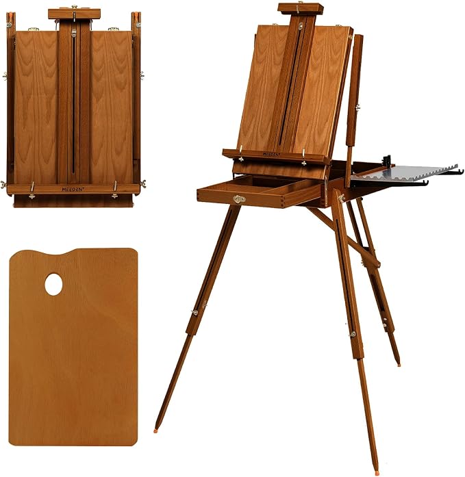 MEEDEN Portable French Easel for Painting: Beech Wood Plein Air Art Easel | Wooden Sketchbox for Outdoor Travel - Studio Art Easel Stand with Metal Side Tray - Holds Canvas up to 34"- Walnut