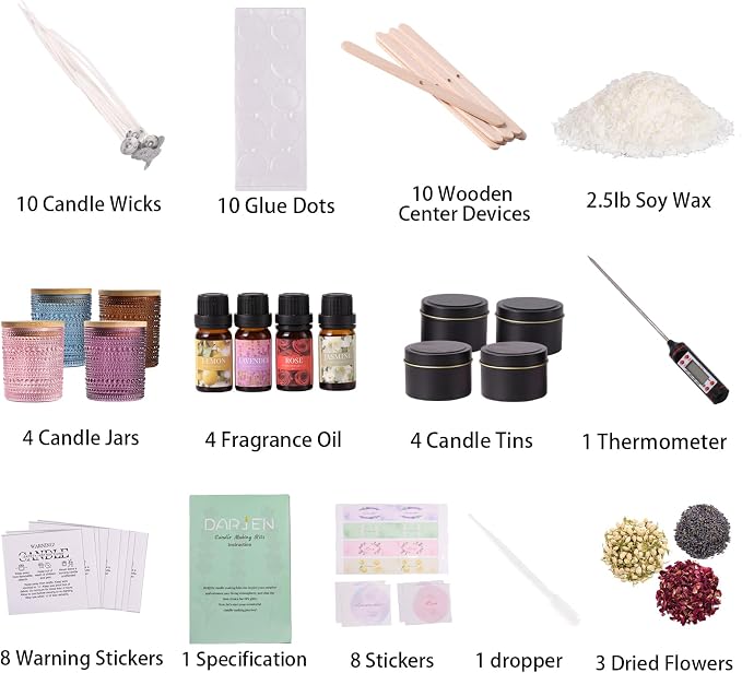 DARJEN Candle Making Kit for Adult, 4 Jars & 4 Tins Soy Wax Scented DIY Set | 100% Soy Wax, 10oz Glass Jars, 4oz Tins, Cotton Wicks, Pleasant Scents, Instruction& More- Perfect as Home Decorations