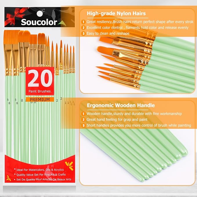 Soucolor Acrylic Paint Brushes Set,20 Pcs Pointed Tip Artist Paintbrushes | Acrylic Painting Oil Watercolor Canvas Boards Rock Body Face Nail Art, Halloween Pumpkin Ceramic Crafts Supplies