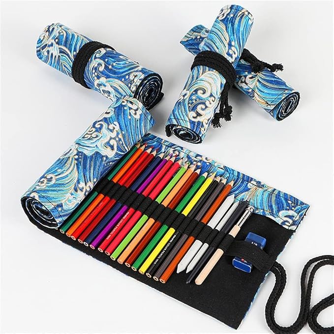 DIYOMR 12/24/36/72 Slots Pencil Wrap Pencil Rolls，Artist Colored Pencils Roll Up Bag Short Brushes Pouch Case Pencils Organizer Drawing Coloring & Sketching，No Pencils (Blue Ocean，12slots) (PCD1098)