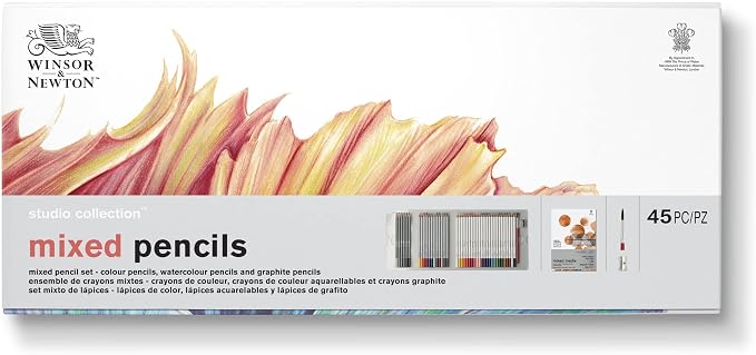 Winsor & Newton Studio Collection, Mixed Pencil Box Set, 45 piece | 24 Watercolor Pencils, 12 Color Pencils & 6 Graphite Pencils; Includes Watercolour Brush, Sharpener & Paper Pad