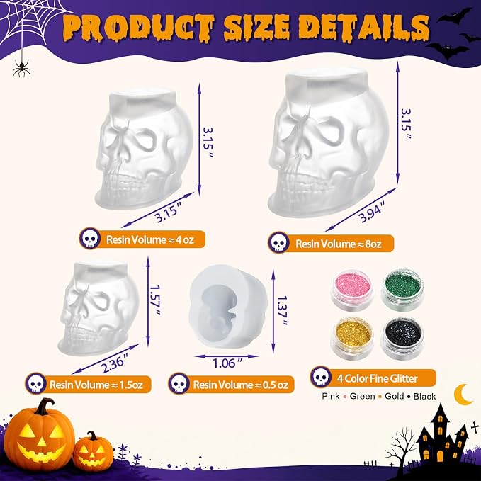 HeyClear 3D Skull Resin Molds Silicone, 4 PCS Epoxy Resin Molds for Crafts | for Halloween Decorations, Gothic Home Decor, Soap, Candle Casting
