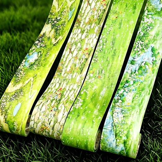 4 Rolls Grassland Lawn PET Tape Stickers for Journaling Scrapbook Washitape Flower Grass Pebble Path PET Washi Tape Set Green Plants Landscape Decorative Washi Tapes Scrapbooking Journal Supplies