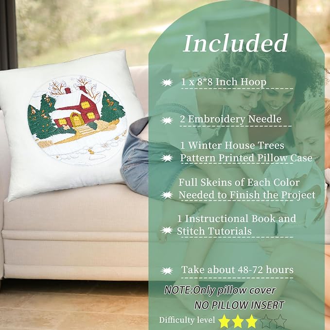 FONNUY Christmas Embroidery Kit for Beginners, Throw Pillow Case Cross Stitch Set Winter Snow House Holly Tree Pattern for Adults, Hand Works Crafts Throw Pillow Cover, 18 x 18'' (White)