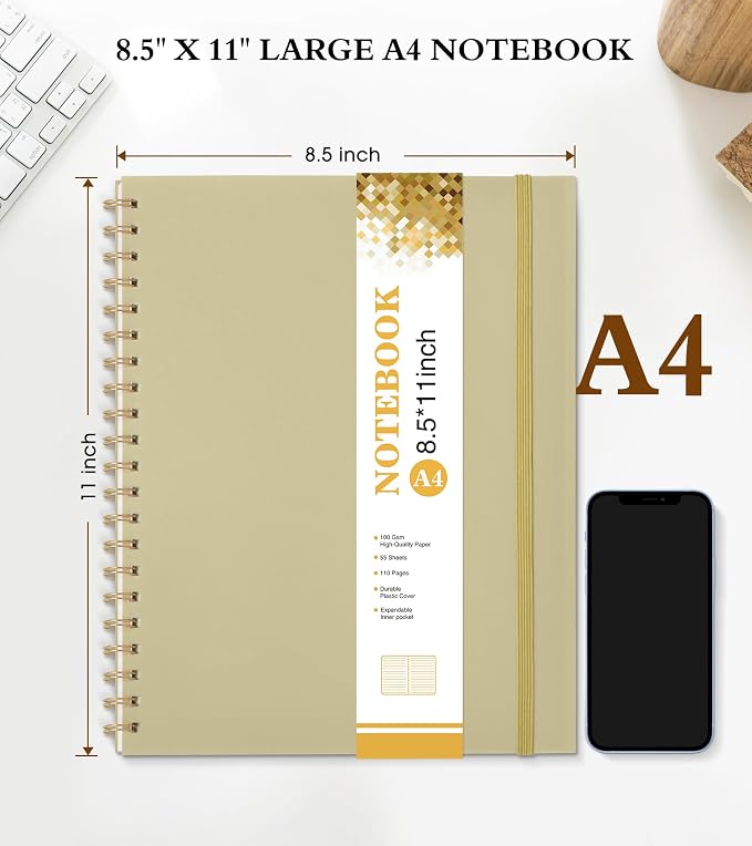 Spiral Notebook Journal 8.5” x 11”, A4 Large Notebooks for Women Men, College Ruled Lined Journal, 100 GSM Paper, Hardcover Spiral Bound Journals for Work School Writing Note Taking Business, Yellow