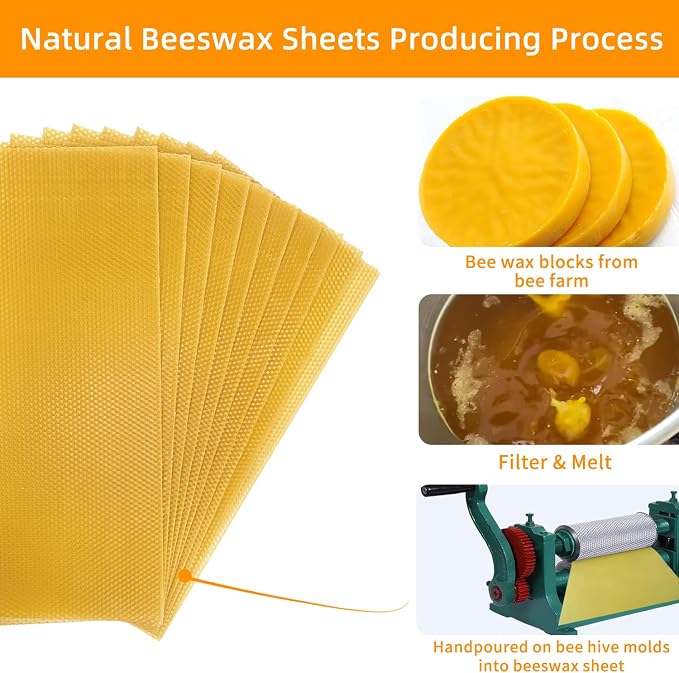 Lacaser Beeswax Sheets for Candle Making Kit, 20 Pcs 8"x16" Pure Bees Wax Made Sheets Equals to 40pcs 8"x8" Beeswax Sheets, Include Bee Ornaments,Cotton Candle Wicks for Bulk Candle Making