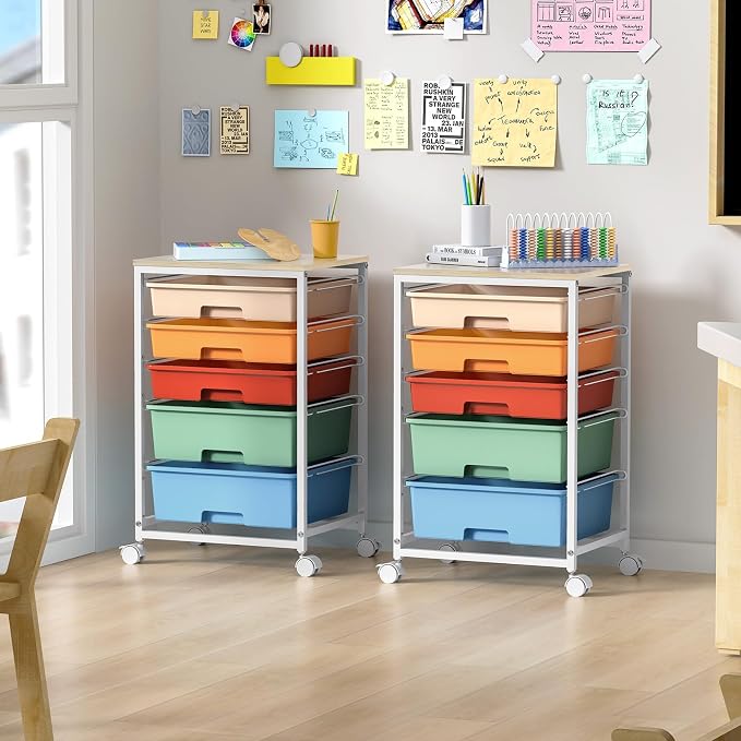 SYKIARIOL Utility Cart with Drawers,5 Drawers Storage Cart,Macaron | 5-Tiers Storage Cart with Drawers with Lockable Wheels for Craft Organizers and Storage,Home Office,Classroom,Dorm,Playroom