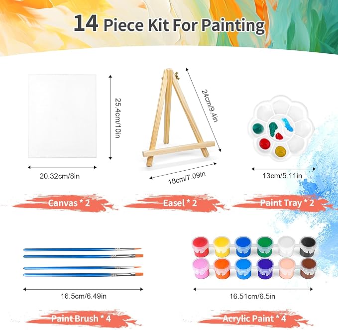 2 Pack 8 * 10In Canvas Boards for Painting, Art Canvas for Drawing with 4 Brushes & 2Paint Trays & 4 Acrylic Paint, Mini Painting Canvas with Easel Set, Painting Kits for Adults Party