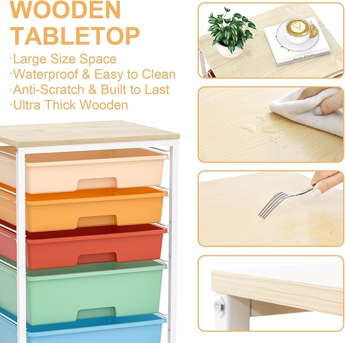SYKIARIOL Utility Cart with Drawers,5 Drawers Storage Cart,Macaron | 5-Tiers Storage Cart with Drawers with Lockable Wheels for Craft Organizers and Storage,Home Office,Classroom,Dorm,Playroom