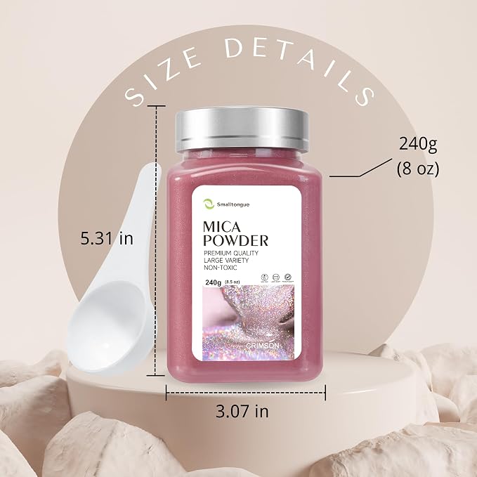 Mica Powder, Crimson, 240g with Scoop, Complies with ASTM D-4236 | For Epoxy Resin, Soap, Bath Bomb, Candle| Safety Material| Odorless| Brilliant Colors