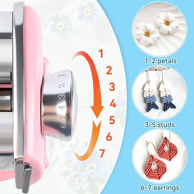 Polymer Clay Press Machine,Clay Roller Machine,Includes Clamp and Hand Crank,Stainless Steel Polymer Clay Tools for Clay Earring Making,7 Thickness Clay Pasta Machine-Pink