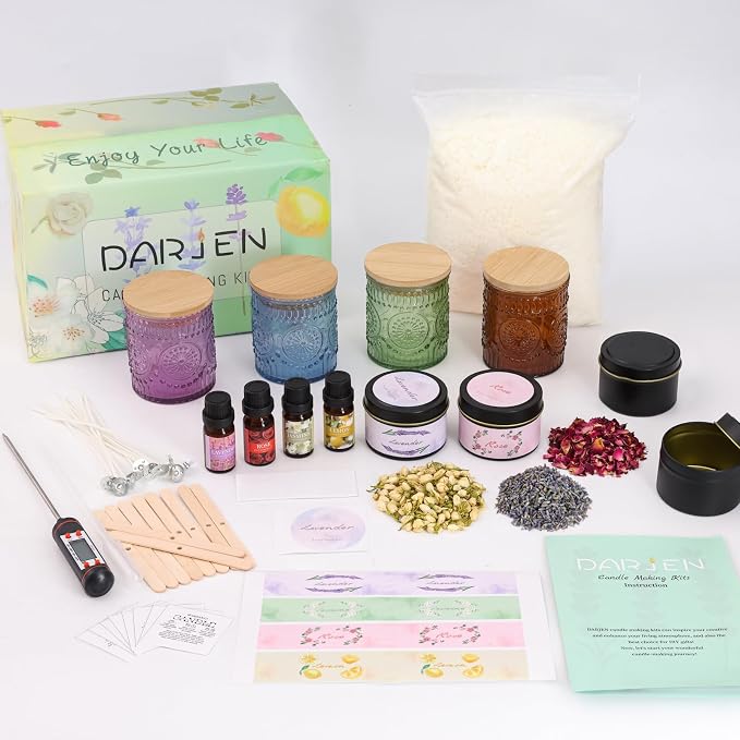 DARJEN Candle Making Kit for Adults, 8 Jars & Tins Soy Wax Scented DIY Set | 100% Soy Wax, 10oz Glass Jars, 4oz Tins, Cotton Wicks, Pleasant Scents, Instruction& More- Perfect as Home Decorations