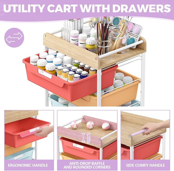 SYKIARIOL Utility Cart with 5 Labeling Drawers and Wooden Tabletop | Rolling Storage Cart for Crafters, Artists, Kids, Teachers, and Students – Organize Arts, Crafts, Sewing & Study Supplies