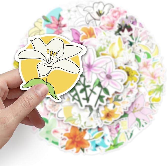 Lily Flower Stickers Pack 50 PCS, Botanical Aesthetic Vinyl Waterproof Die-Cut Floral Sticker for Water Bottle Laptop Cars Guitar Skateboard Bumper Vintage Waterproof for Teens Adults (Colourful-F12)