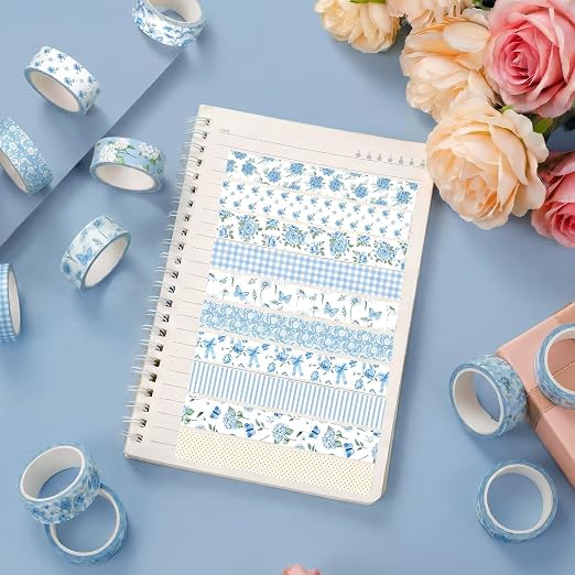 12 Rolls Floral Washi Tape Set,Blue,Rose | Watercolor Flowers Design for Scrapbook Journal DIY Craft School Supplies, 15 mm Vintage Decorative Masking Washi Tapes