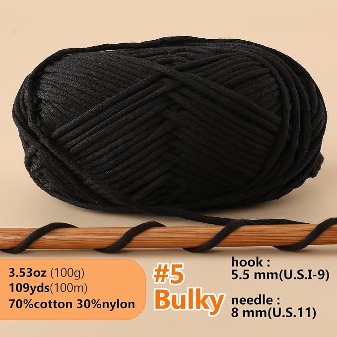 LUCKY BALL Yarn for Crocheting, 100g / 109 yd 70% Cotton 30% Nylon #5 Bulky Tube Yarn, Soft Crochet & Knitting Yarn for Bags, Hats, Socks, Sweaters, Blankets(Black)