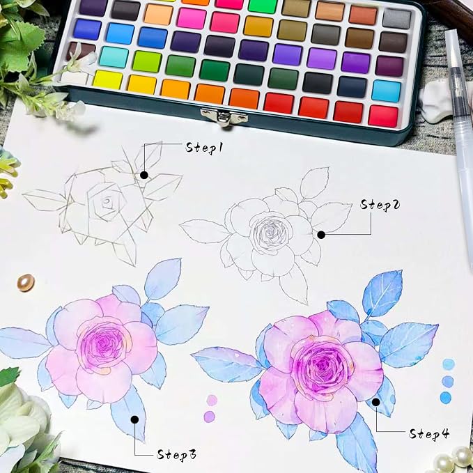 Artecho 50-Color Watercolor Paint Set, Compact Travel Tin Case | 50 Colors: 46 Classic & 4 Fluorescent; 2 Brushes and 10 Watercolor Sheets for Beginners, Gifting and Travel Painting