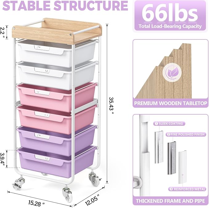 SYKIARIOL Utility Cart with 6 Labeling Drawers and Wooden Tabletop | Rolling Storage Cart for Crafters, Artists, Kids, Teachers, and Students – Organize Arts, Crafts, Sewing & Study Supplies