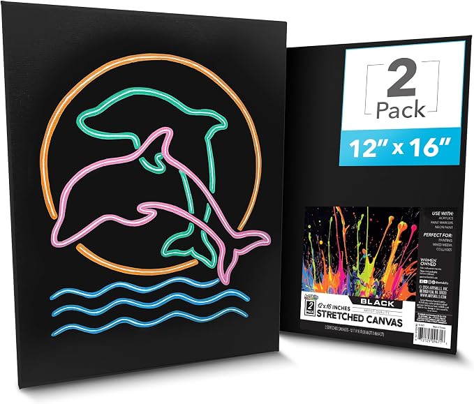 ArtSkills Black Canvas, Stretched Canvases for Painting, Supplies for Artists, 12x16, 2-Pack