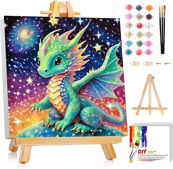cviokrdu Dragon Paint by Numbers Kit for Kids with Frame - Wooden Easel, Dragon Paint by Numbers for Kids Ages 4 8 12, Easy Acrylic Oil Painting Kits for Home Wall Decoration 8x8 inch