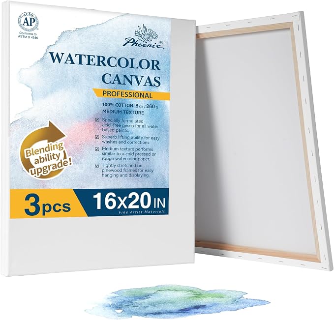 PHOENIX Professional Stretched Watercolor Canvas - 16x20 Inch/3 Pack, 100% Cotton Water Color Canvases for Painting, 8 Oz. / 260g White Blank Medium Texture Canvas for Water Based Paints
