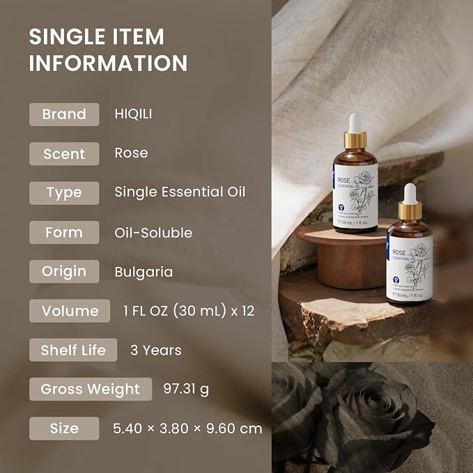 HIQILI Rose Fragrance Oil Set, 12-Pack for Skin, Diffuser & DIY Use