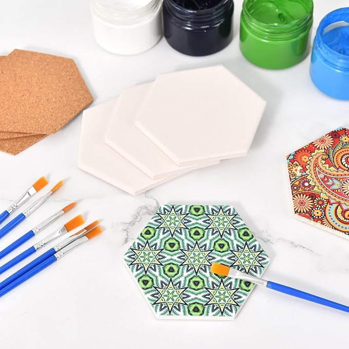24 Pcs Ceramic Tiles for Crafts White Ceramic Coasters for Crafts with Cork Backing Pads Blank Unglazed Tiles for Painting Alcohol Ink Acrylic Pouring DIY Coaster Hexagon