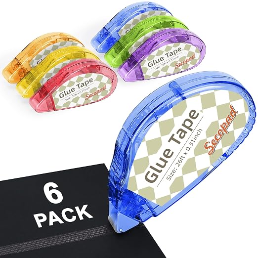 Secopad Scrapbook Tape, Glue Tape for Crafts, 6 Pack, Clear Colored Shell | 0.3IN x 26FT, Sticky & Safe, Double Sided Tape for Crafts, Scrapbooking Junk Journaling Supplies, For School Office Teachers