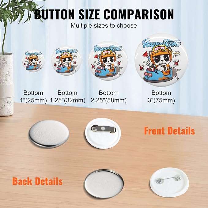 VEVOR 500 Sets 1 inch 25mm Pin Back Button Parts for Button Maker Machine, DIY Round Button Badge Parts, Set Includes Metal Top, Plastic/Metal Button, Clear Film, and Blank Paper for Gifts Presents