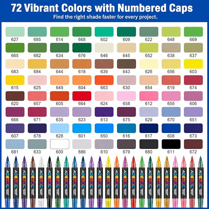Amamao 72-Color Acrylic Paint Markers, Soft Brush Tip Pens for Rock, Wood