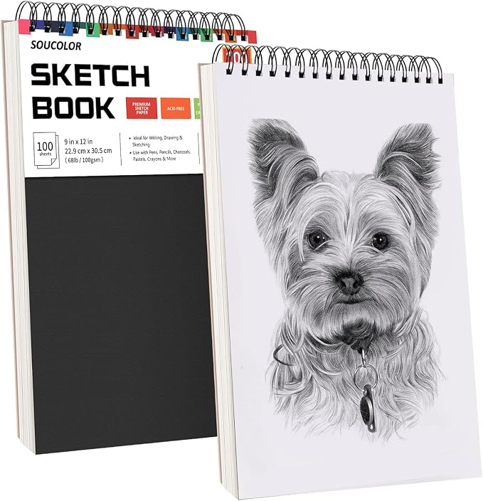Soucolor 2-Pack 9" x 12" Sketch Book, Spiral Bound for Kids Adults Artists | 200 Sheets 68lb/100gsm Paper Professional Drawing Supplies for Sketch, Charcoal, Colored, Graphite, Pastel Pencils & Sticks