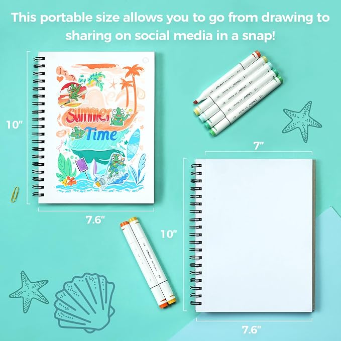 Ohuhu 7"x10" Double-Sided Bleedproof Marker Pad Art Sketchbook 60 Sheets | Large Sketch Book - 90 LB/150 GSM Smooth Drawing Paper - 60 Sheets/120 Pages - Spiral-Bound Sketch Pad for Alcohol Markers