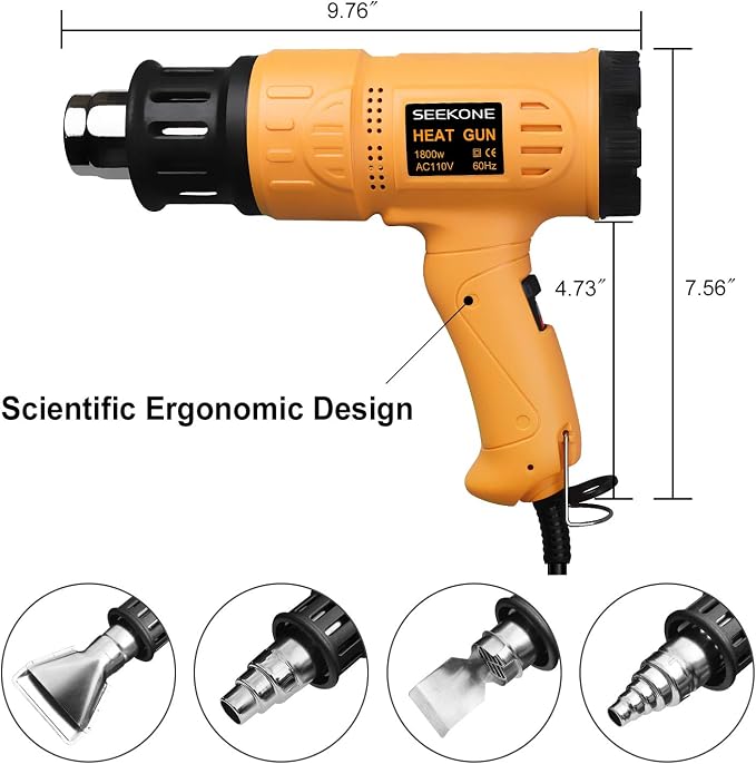 SEEKONE 1800W Heat Gun Variable Temp 122℉-1202℉ for Crafts, Shrink Wrap | Fast Heating 122℉-1202℉, Dual Airflow, Overheat Protection, 4 Nozzles for Shrink Tubing, Paint Removal and 3D Printing