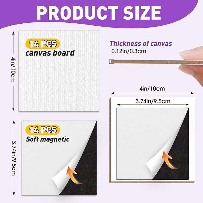 ESRICH 14 Pack 4x4IN Mini Magnetic Canvas Panels, Small Canvases for Painting for Oil, Watercolor, Acrylic Painting & DIY Crafts with 14PCS 4x4IN Square Flat Canvas Boards, 14PCS Soft Magnets