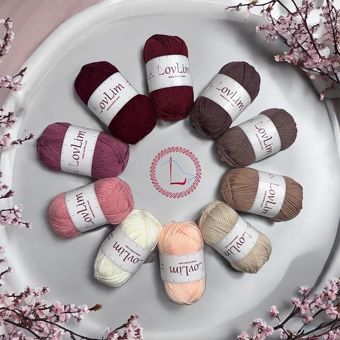 Milk-Cotton Crochet Yarn Kit, 10x50g Skeins DK Weight, 1250+ Yards, Hooks, Needles & Safety Eyes, 40+ Free Patterns, for Amigurumi, Crocheting & Knitting - Pinkish Brown Palette