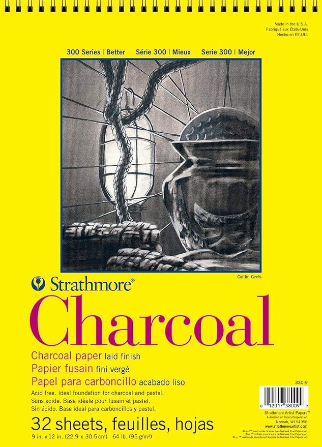 Strathmore 300 Series Wire Bound Charcoal Pad, 64 lb. Laid Surface, 9 X 12 inches, White, 32 Sheets (330-9)