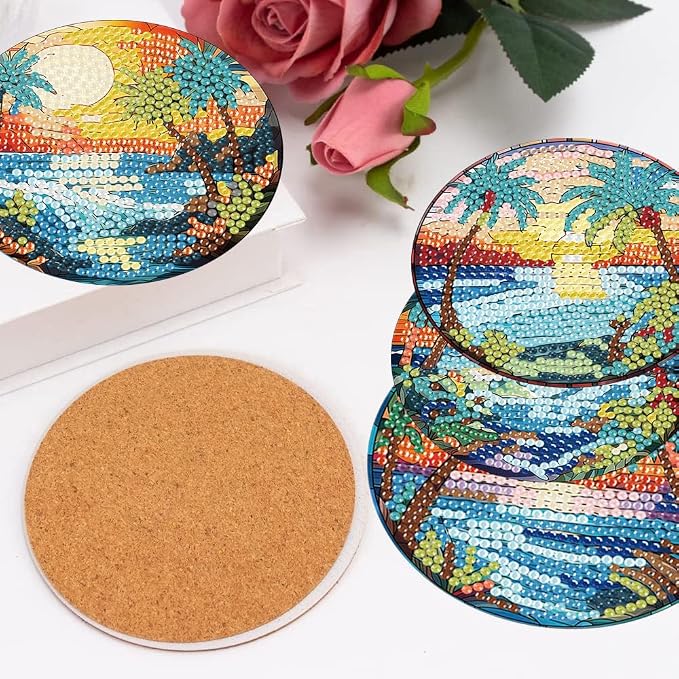 8 Pcs Diamond Art Coasters Kits, Beach Diamond Painting Coasters Kits