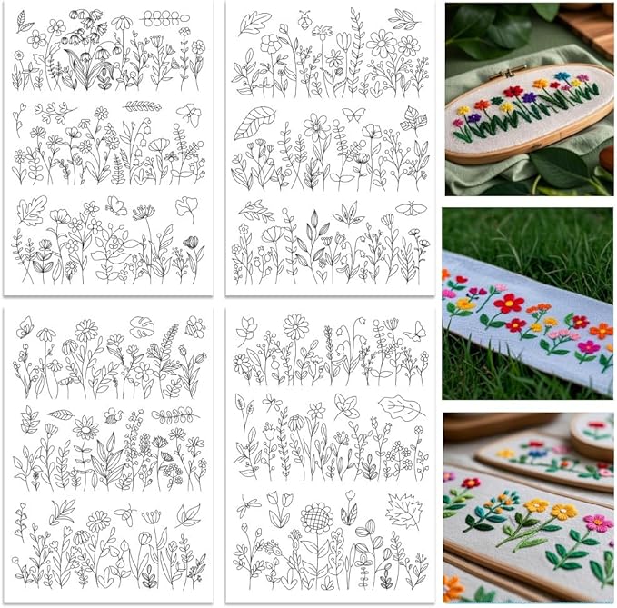 ORIGACH 4 Sheets 12 Pcs Water Soluble Embroidery Patterns Stabilizers - Pre-Printed Wildflowers & Flowering Shrubs Designs - Stick & Stitch Embroidery Paper for Hand Sewing Lovers