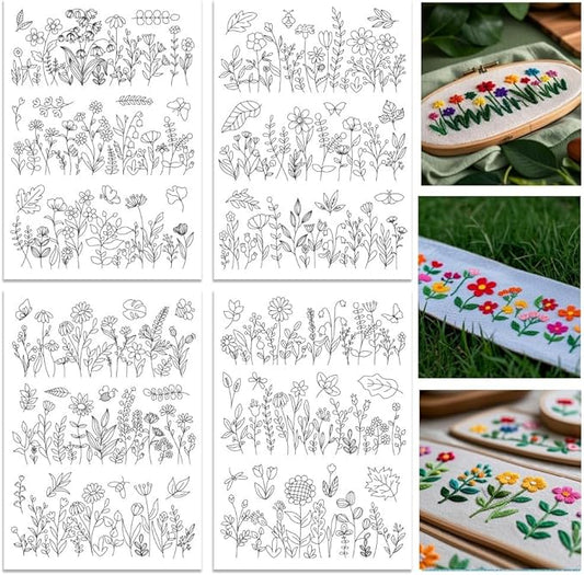 ORIGACH 4 Sheets 12 Pcs Water Soluble Embroidery Patterns Stabilizers - Pre-Printed Wildflowers & Flowering Shrubs Designs - Stick & Stitch Embroidery Paper for Hand Sewing Lovers