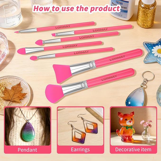 LORMAY 7-Piece Silicone Brush Set for UV Resin Epoxy Crafts and Makeup, Red | Easy Clean for DIY Epoxy Art and Makeup, Soft Reusable Tools, Gentle Applicator Suitable for All Skin Types