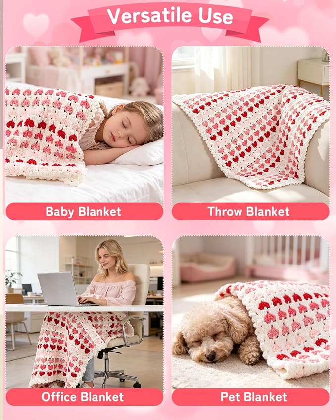 Arborthread Blanket Crochet Kit for Beginners, Crochet Heart Blanket Kit with Soft Chenille Yarns, Detailed Video & Instructions for Adults & Kids – Featuring a Heart Pattern & Edging, Pink