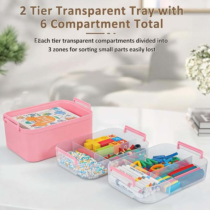 Gifhomfix 3-Layer Plastic Craft Organizers and Storage Box with Removable Trays, Storage Containers with lids and Handle, Art Supply Storage Organizer for Bead, Ornament, Nail Polish, Tape（Pink）