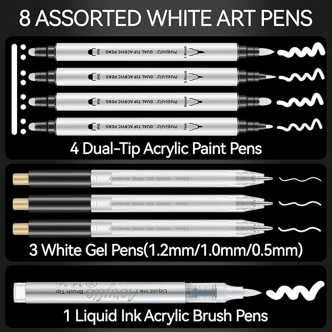 PANDAFLY 8 Pack White Pens Set, White Gel Pens, Dual-Tip Acrylic Paint Pens