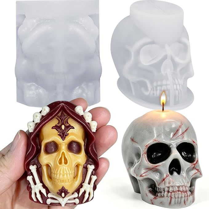 Skull Candle Mold Silicone, 2 Pack Style Halloween Skull Head Molds | 3D Skull Silicone Molds for DIY Aromatherapy Candles, Epoxy Resin Casting, Soap, Gypsum, Home Decor Handmade Crafts Gifts