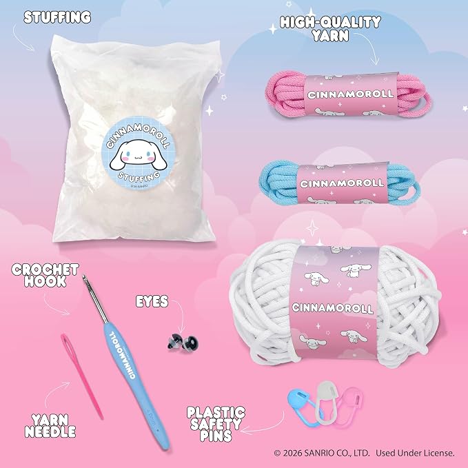 Hello Kitty® and Friends Crochet Kit – Cinnamoroll™ Bag Charm, Sanrio Crochet Kit for Beginners with Yarn, Starter Hooks, Step-by-Step Tutorials, DIY Craft, Great Teen Gifts