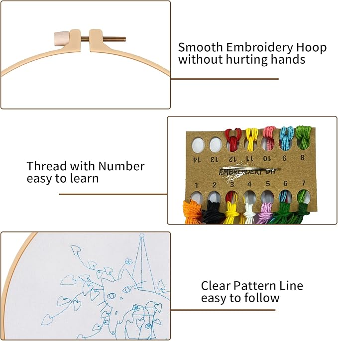 Nuberlic 3 Pack Embroidery Kit for Beginners with Cat Pattern